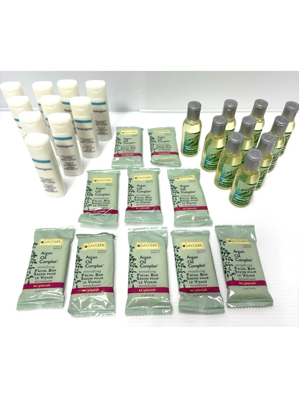 30pc Hotel Travel Size Toiletries Soap Shampoo Lotion Neutrogena Lacoupe Discon